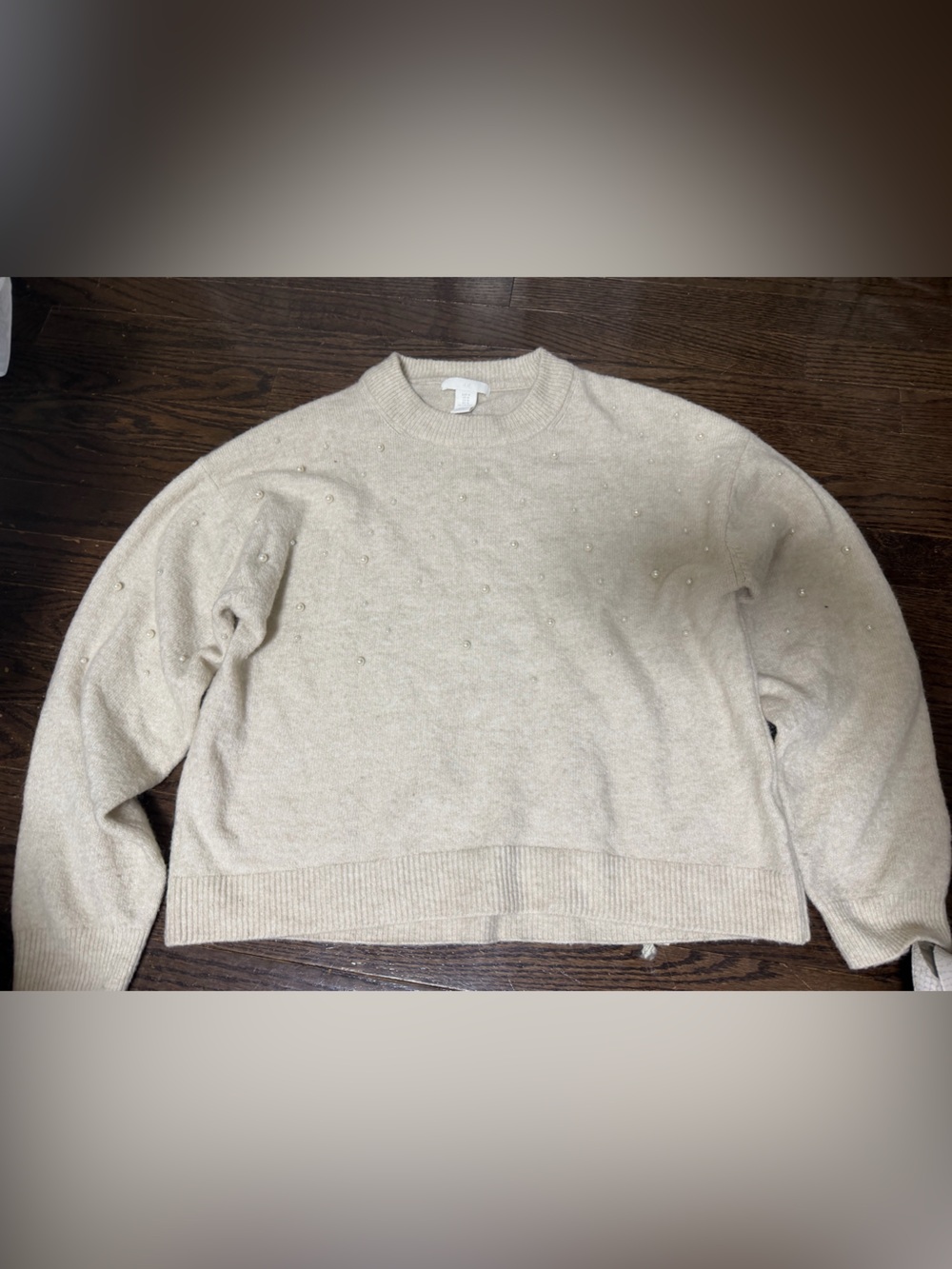 H&M Pearl-Embellished Beige Crewneck Sweater